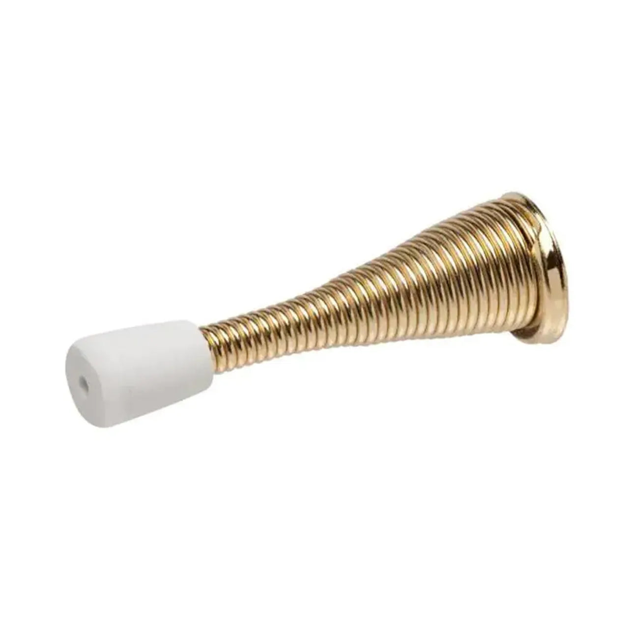 The Go Build 4 in. Spring Door Stop in bright brass features a coiled metal body and white rubber tip, mounting to your wall or baseboard to prevent door damage.